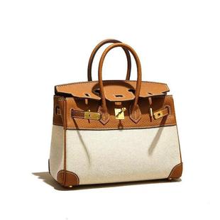 Contrast Color Platinum Bag Women's Crossbody Bag Casual Canvas Leather Splicing Bag Large Capacity Shoulder Bag Genuine Leather Handheld Kelly Bag