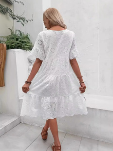 2025 European and American Fashion New Amazon wish Hot Solid Color Cotton Embroidered Lace Hollow dress