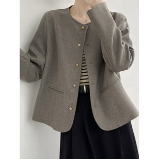 Vintage Chanel Style Coat Women's Autumn New Chinese Style Short Casual Grey Suit Small Collarless Suit Top