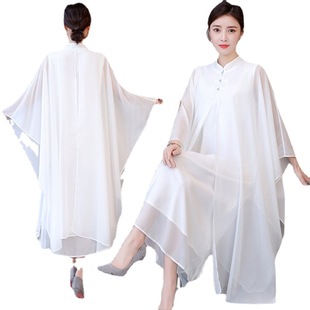 White Zen Dance Dress Guqin Guzheng Performance Dress Chinese Style Fairy Elegant Chiffon Dress Zen Tea Dress Wholesale