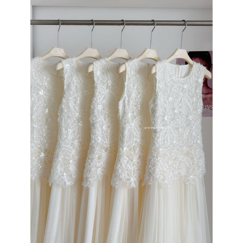 Ruoxin Midsummer Laurel~Fake Two-Piece Mesh Lace Dress for Women with High-End Embroidered Floral Vest Dress