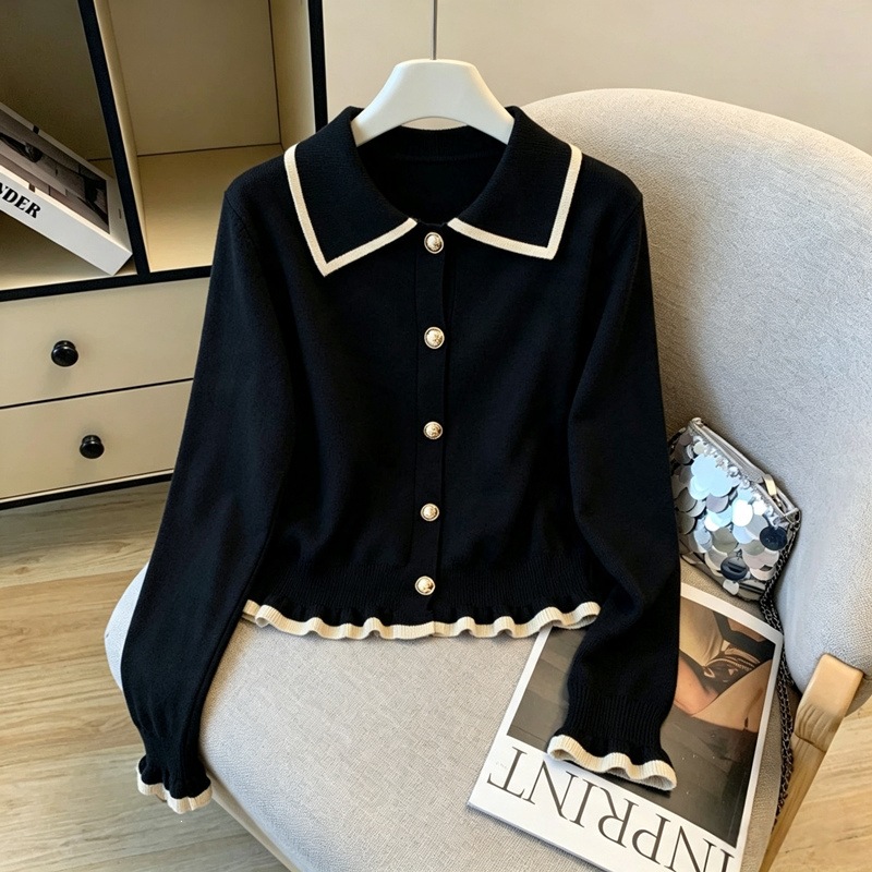 Real shot: Autumn/Winter French-style black slim-fit long-sleeve sweater, preppy knit top, base layer, one size fits all for petite women