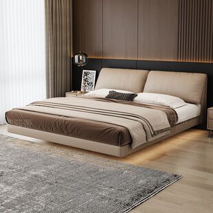 Solid Wood Bed Suspension Italian Minimalist Leather Bed Master Bedroom Light Luxury Soft Bag Bed Elephant Ear Bed Modern Simple Bed