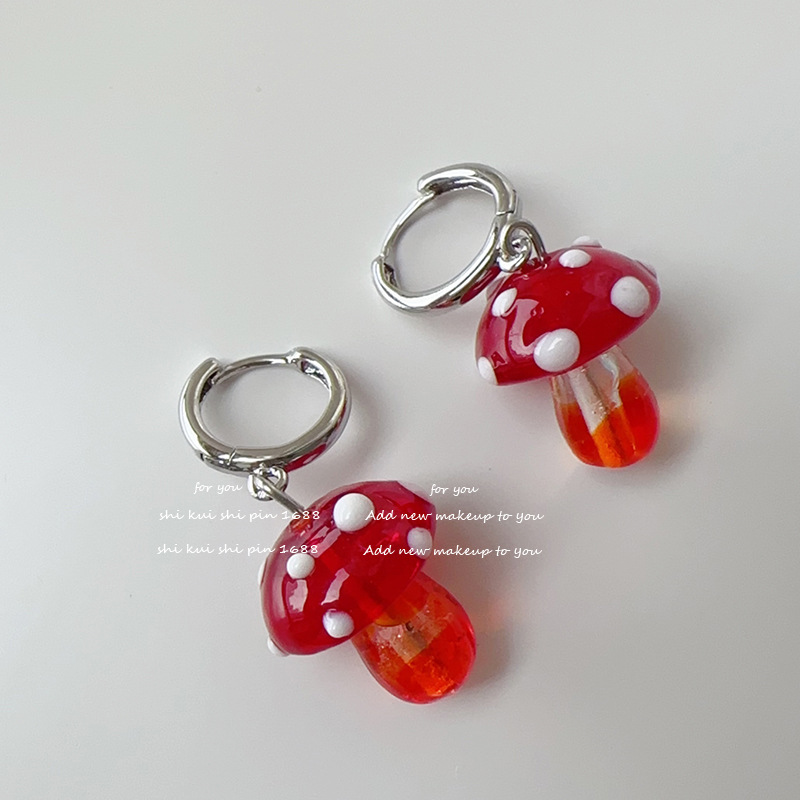 Healing Childlike Little Mushroom Earrings for Women, Glass Mushroom Forest Earrings, Playful Girly Heart, Cute Earrings