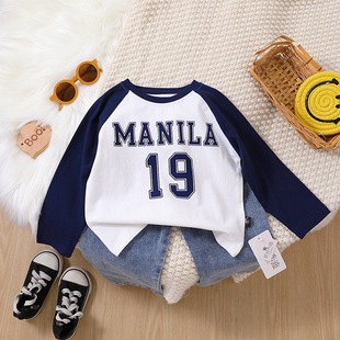 Children's cotton long-sleeved T-shirt 2024 Spring and Autumn new children's clothing contrast color Raglan cartoon printed men's and women's baby top