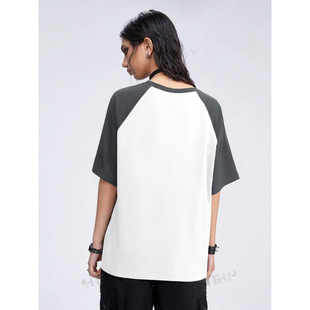 Europe and the United States foreign trade cross-border wholesale women's new short sleeve T-shirt raglan sleeve contrast color pattern printed round neck loose