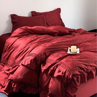 Red Wedding Four-piece Set, Pure Cotton Wedding Quilt, Pure Cotton Lace Quilt Cover, High-end Bedding