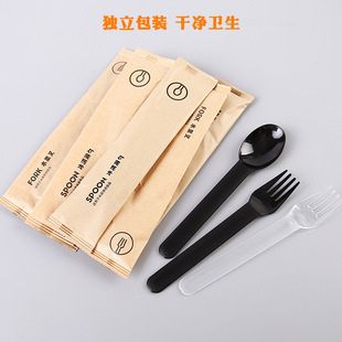 Disposable Spoon Plastic Black Transparent Independent Paper Packaging Western Food Salad Fork Happy Tea Same Ice Cream Spoon