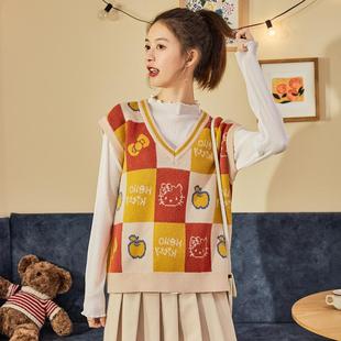 Autumn and Winter 2023 New Campus Style Women's Vest Knitted Vest V-Neck Contrast Color Outer Wear Fashion Cute Warm