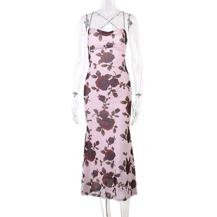 Spring 2025 New Elegant Sweet Lace-up Back Hollow Tight High Waist Contrast Printed Sling dress
