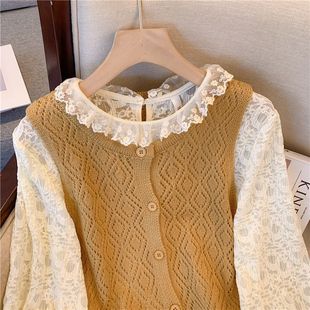 Huanxi Early Spring New Retro Stacked Knitted Vest Short Vest Women's French Style Sweet Long Sleeve Lace Shirt Top