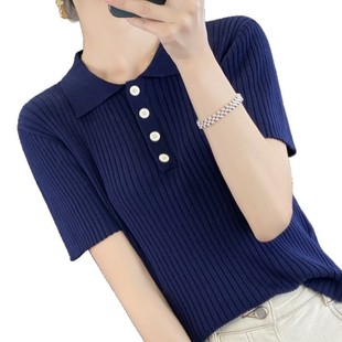Worsted Wool Knitted Short-sleeved Women's POLO Collar Soft Skin-friendly Comfortable Casual Sweater Knitted Base Lulu Same Style
