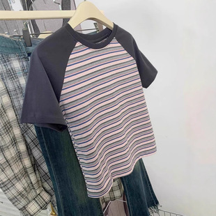 Official Figure Summer Age-reducing All-match Contrast Raglan Sleeve Short-sleeved T-shirt American Retro Loose Striped Top