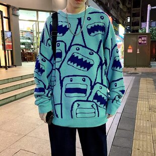 Sweater men's pullover Japanese cartoon Hong Kong style loose sweater coat autumn and winter new trendy sweater bottoming shirt