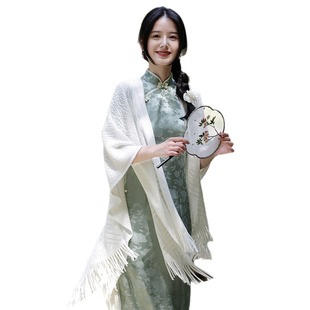 Fresh Artistic Style Spring and Summer Thin Hollow Tassel All-Match Beige White Shawl with Cheongsam Cardigan Cape Scarf