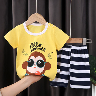 2025 New Summer Pure Cotton Kidsren's Short-Sleeved T-Shirt Set for Small and Medium-Sized Kidsren Korean Style Baby Short-Sleeved Shorts Two-Piece Set