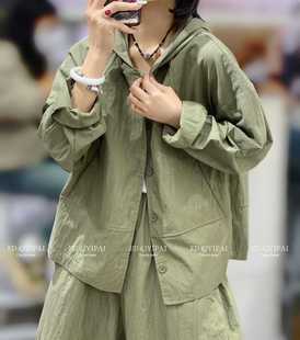 Ed7358 Solid Color Stitching Hooded Loose Imported Cotton Long-sleeved Jacket 2025 New Fashionable All-match Sunscreen Shirt