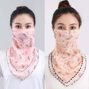 Summer Sunscreen Silk Scarf Scarf Large Mask Women's Neck Protection Ventilation Mask Full Face Covering Adjustable Chiffon Thin Veil
