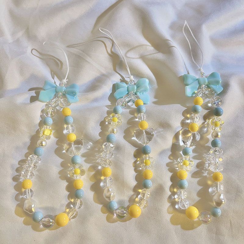 New Stylish Yellow and Blue Color-Blocking Pendant with Bowknot and Beaded Chain, Universal Phone Strap, Ccd Hanging Chain, Lanyard