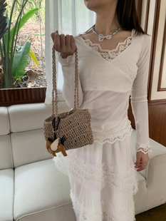 DIY hand-woven bag cotton straw crochet fashion matching wooden horse pendant design trend shoulder bag