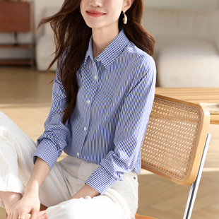 Blue shirt women's long sleeve 2025 spring new all-match temperament professional commuter blue and white striped shirt wholesale