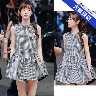 Tian Xiwei star with plaid high waist sleeveless short tutu skirt 2024 summer new doll dress tide