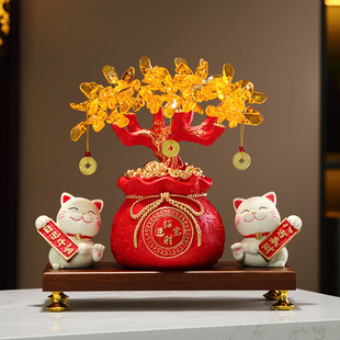 Hotel Front Desk Crystal Fortune Tree Decoration New Chinese Style Living Room Entrance TV Cabinet Fortune Cat Decoration Fortune Treasure