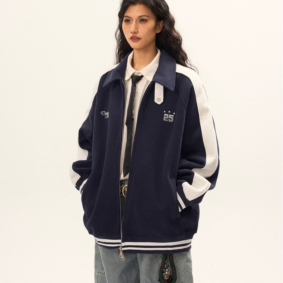 Japanese Retro Color-Blocking Lapel Jacket for Men, Spring and Autumn Trendy Brand Loose-Fitting College Style Couple Casual Outerwear