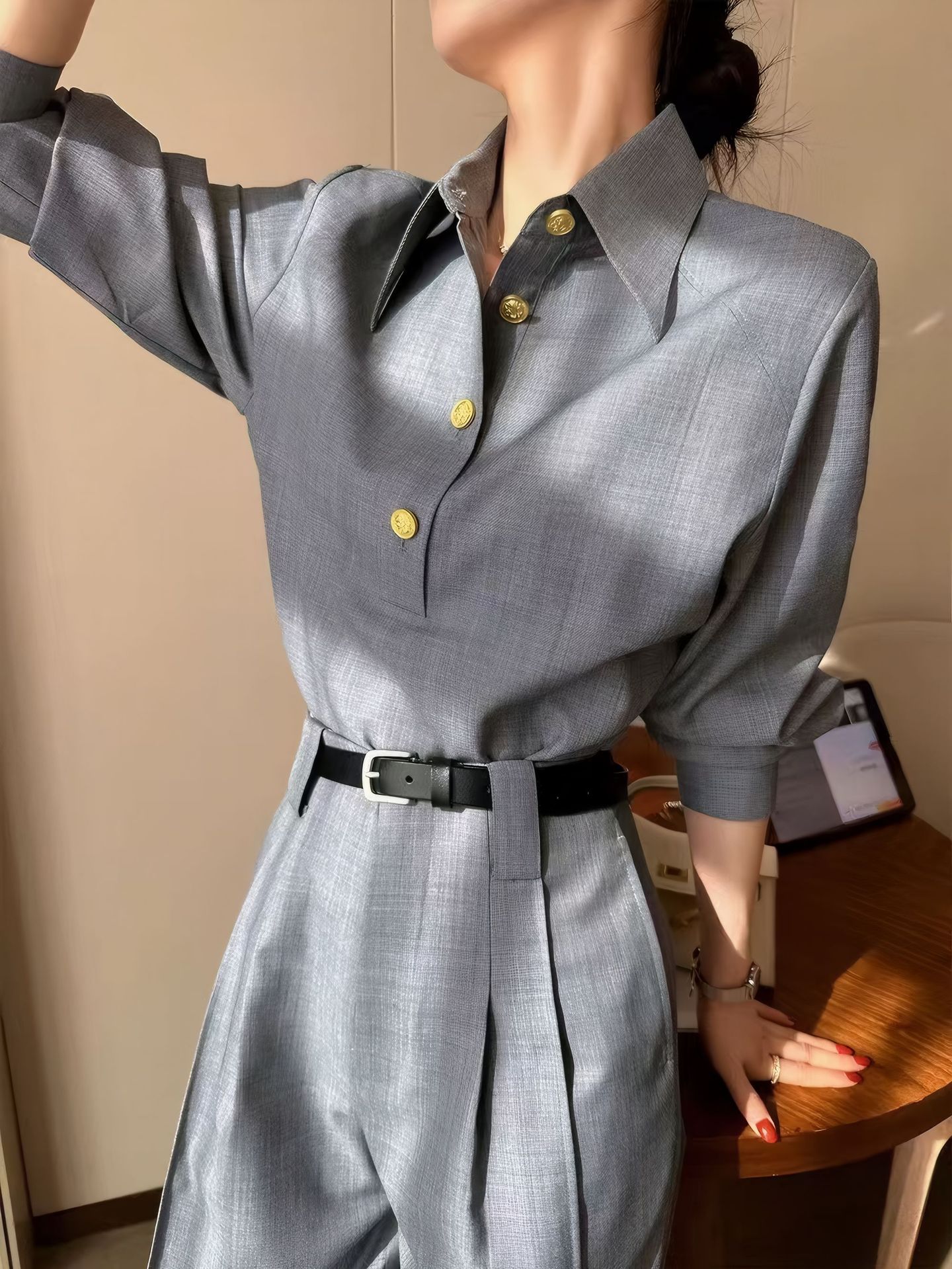 Cross-Border Old Money Style Slim-Fit Stand-Collar High-End Polo Shirt, Short Top with Regular Shoulders, Gray Women's Polo Shirt