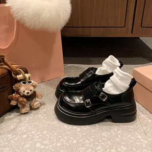 Grape mom with in stock ~ amiu double buckle with round head British wind fleece-lined thick bottom lefu small leather shoes shoes women