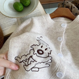 2024 Winter New Korean Style Children's Puppy Embroidered Sweater Cardigan All-match Buckle Wool Jacket for Boys and Girls