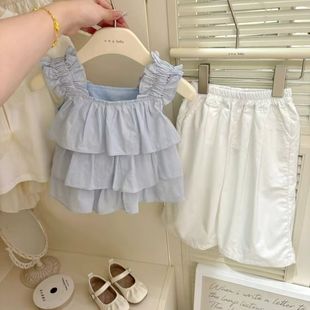 Girls' Summer suit 2025 New Korean Sweet Children's Vest Stylisch Strap Wide Leg Pants Two-piece Set