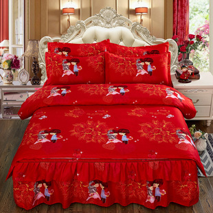 Wedding padded sanding double-layer bed skirt four-piece wedding four-piece bed skirt quilt cover pillowcase bedding wholesale