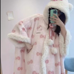 24 Winter Cute Sweet Bow Cartoon KT Kitten fleece-lined Thickened Bathrobe Cape Home Clothes