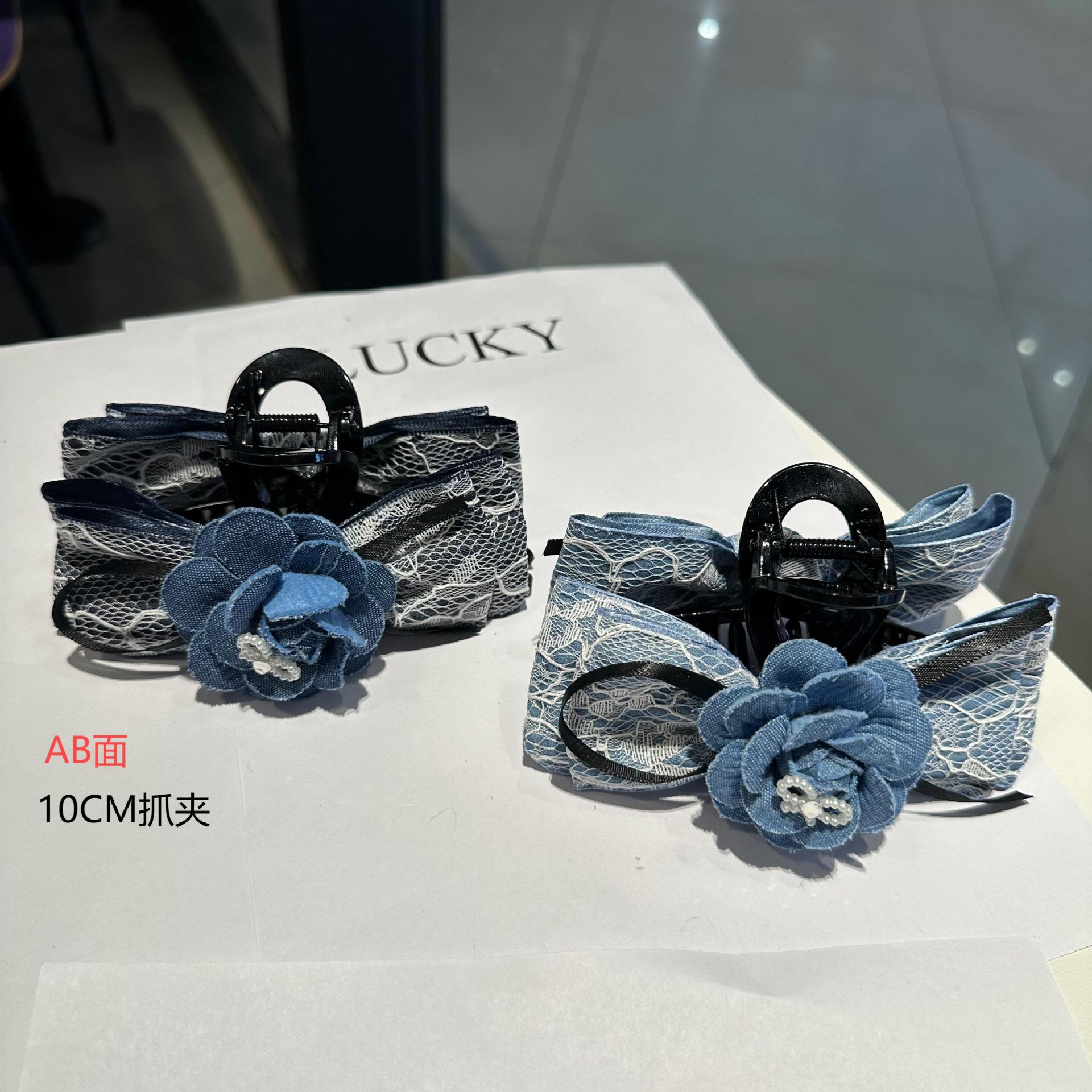 Denim Lace Fabric Bow AB Face Clip French Hollow Simple Elegant Korean Style Bangs Side Clip for Women