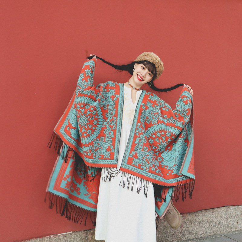 Qinghai Xizang Grassland Exotic Travel Photo Shawl Women's Ethnic Style Thickeneded Oversized Cloak Cape Air-Conditioning Blanket