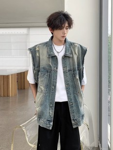 American Style Retro Washed Denim Vest Hole Shorts suit Vest Men's Summer Street Loose Sleeveless Jacket