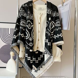 Vintage Black Cashew Flower Shawl Women's Autumn and Winter Warm Thickened Cashmere Large Square Scarf Office Blanket