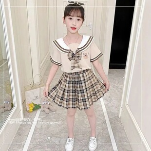 Girls' Academy Style Suit Dress Summer New Cyber Popular Children's Cartoon Short-sleeved Summer JK Pleated Skirt Two-piece Set