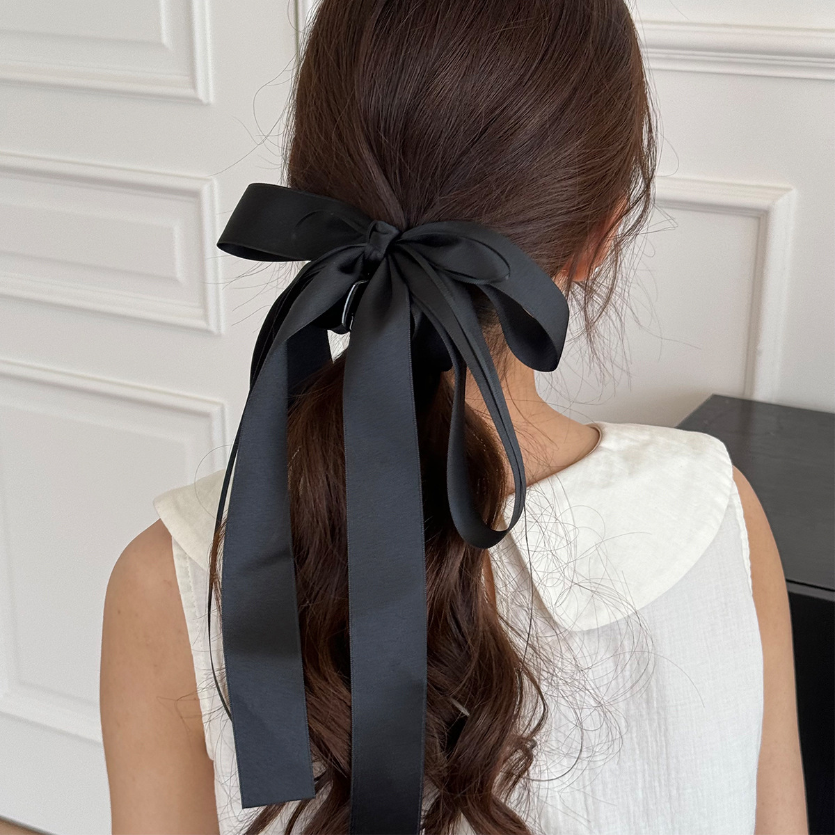 Korean Style Ballet Style Versatile and Exquisite Age-Reducing Black Ribbon Double-Layer Bow Ponytail Clip Sweet Girl Versatile Hair Tie