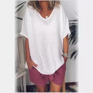 European and American Summer New Solid Color Loose Short-sleeved Casual Cotton and Linen T-shirt