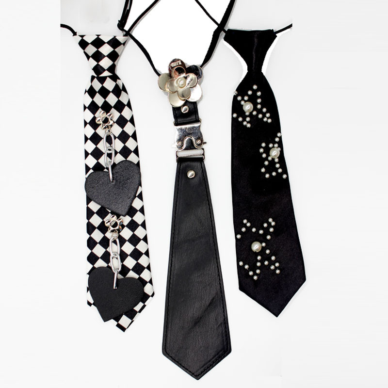 Decorative Black Leather Tie for Women, Jk Punk Bow Tie Accessory, No-Knot, No-Design, Formal Wear, Suit, Uniform