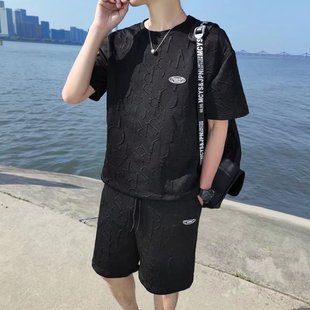 Summer suit Men's Fashionable All-match Solid Color Casual Short-sleeved T-shirt Fashionable Brand Simple Ins Men's Wear Set with Handsome Collocation