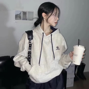 South Korea small tide brand MUAHMUAH Zhao Ruth with heavy 360g embroidered drawstring hooded contrast sweater women