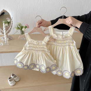 Korean-style baby jumpsuit climbing suit summer sling embroidery sunflower dress baby girl clothing sister outfit