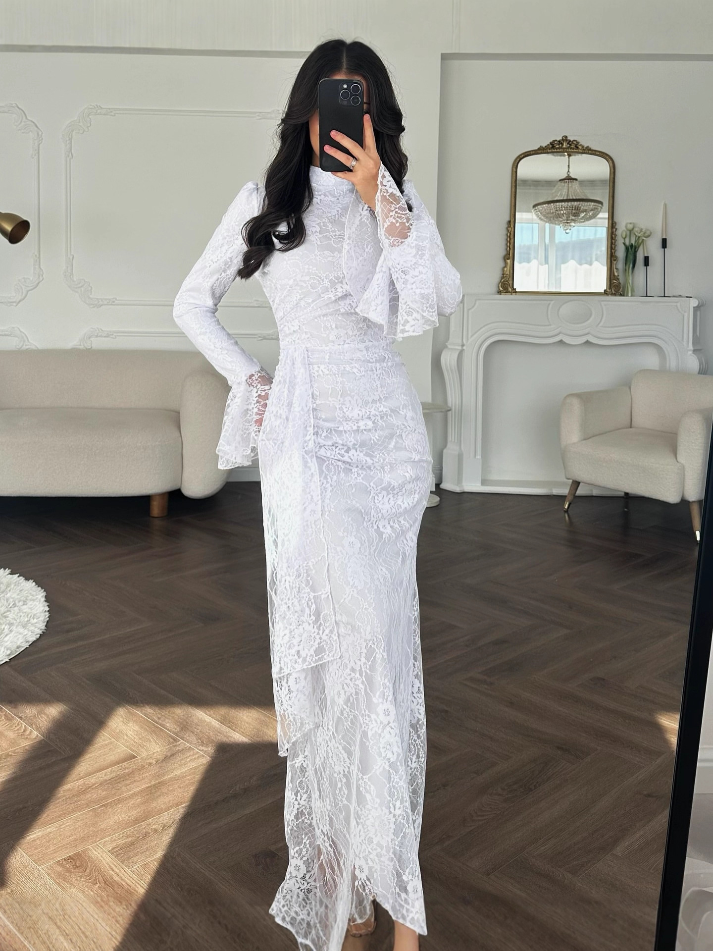 2025 Cross-Border New European and American Style Women's Sexy Fashion Hip-Hugging Long Skirt Evening Dress Long-Sleeved Lace Dress