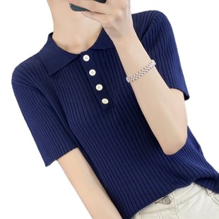 Ice Silk Short-sleeved T-shirt Women's 2025 New Hot Summer High-end Sense Elegant Polo Collar Shoulder Knitted Top