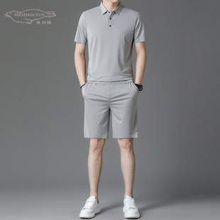 2024 ice feeling running sportswear suit men's summer thin ice silk lapel t-shirt men's leisure suit wholesale