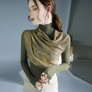 Sequin Stitching Top Design Sense Mesh Sexy Base Shirt Spring and Autumn New Style Western Style Small Shirt T-shirt for Women