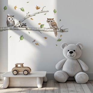 ATW6103 Cartoon White Birch Small Raccoon Owl Wall Stickers Children's Room Living Room Home Decorative Wall Sticker PVC